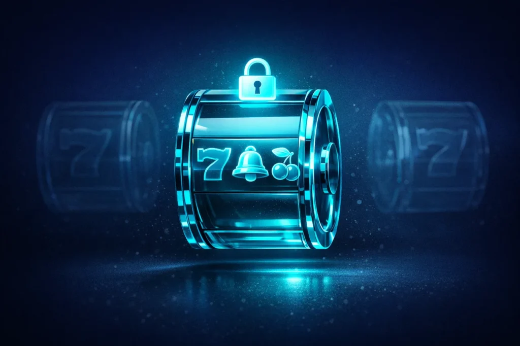 Eine cyanfarbene Slot-Walze mit überlagertem Schloss-Symbol, drei weitere Walzen dahinter im Schatten. Visualisierung der Slot-Beschränkung bei Freispielen ohne Einzahlung.